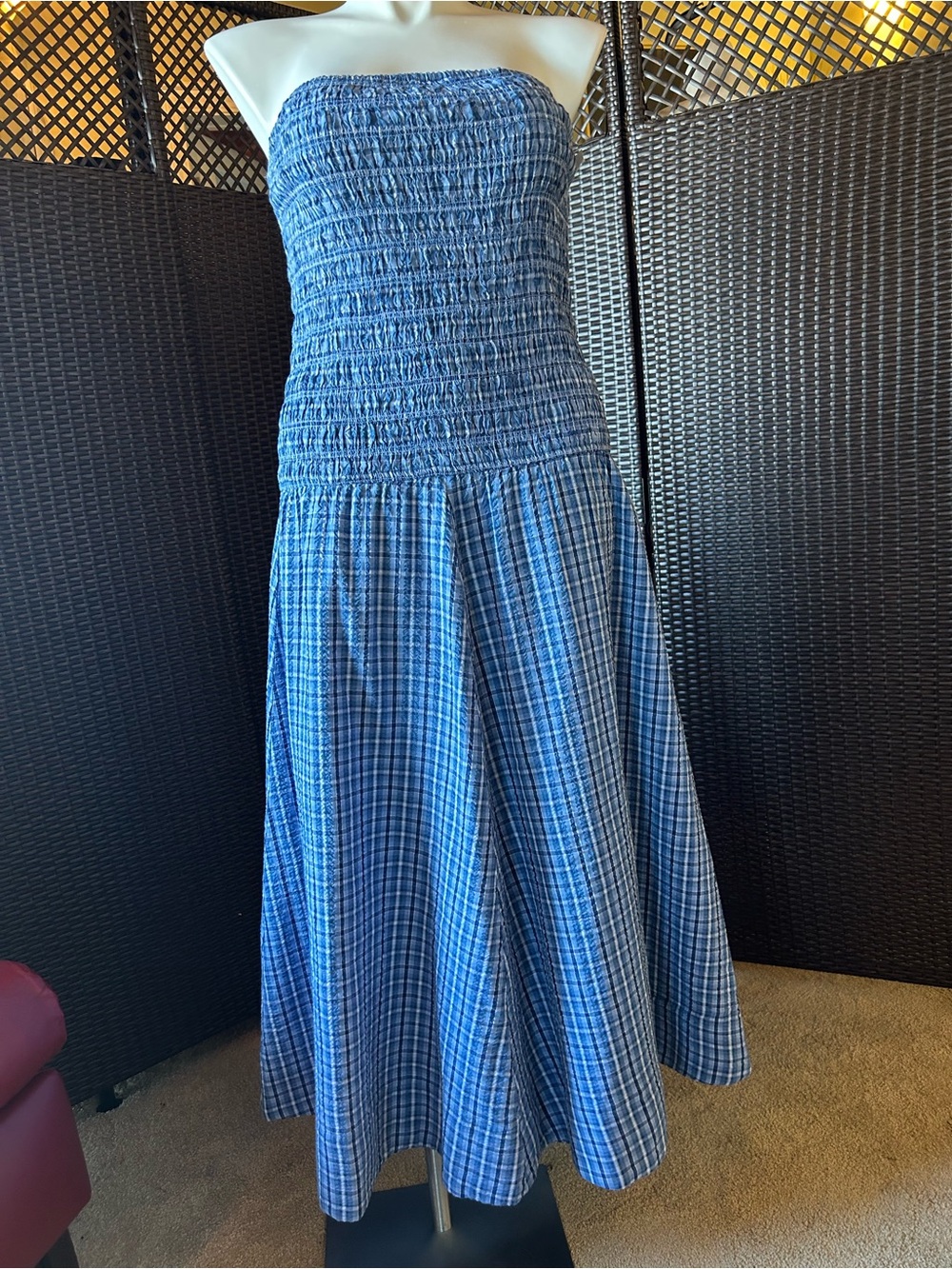 Topshop Blue Plaid Strapless Smocked Midi Dress